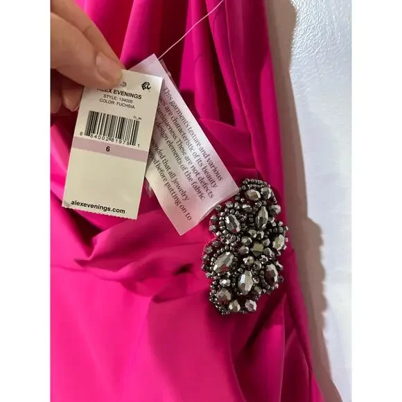 Alex Evenings Side Ruched Cocktail Dress Fuschia Sz. 6 NWT Embellished Faux Wrap - Picture 6 of 12